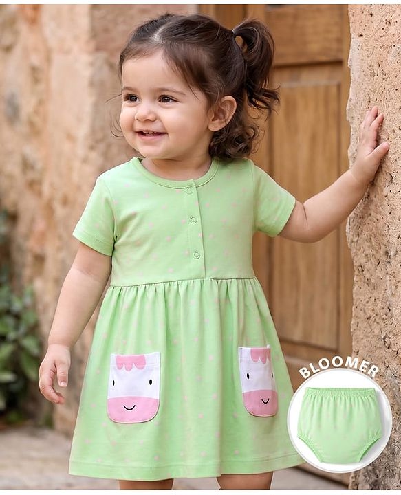 Babyhug Single Jersey Knit Half Sleeves Polka Dots Printed Frock With Bloomer & Cow Patch - Light Green