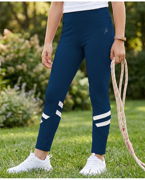 Pine Active Knit Full Length Cut & Sew Leggings with Stripes - Navy Blue
