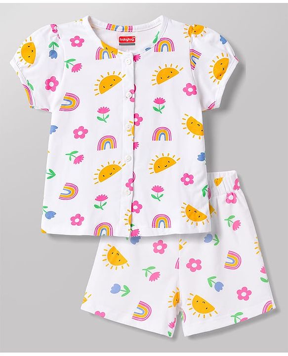 Babyhug 100% Cotton Knit Half Sleeves T-Shirt & Shorts Night Suit With Rainbow & Floral Print - White