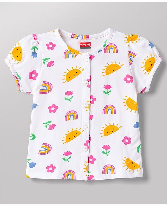 Babyhug 100% Cotton Knit Half Sleeves T-Shirt & Shorts Night Suit With Rainbow & Floral Print - White