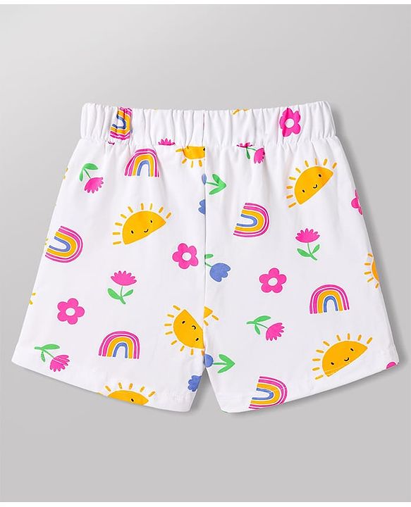Babyhug 100% Cotton Knit Half Sleeves T-Shirt & Shorts Night Suit With Rainbow & Floral Print - White