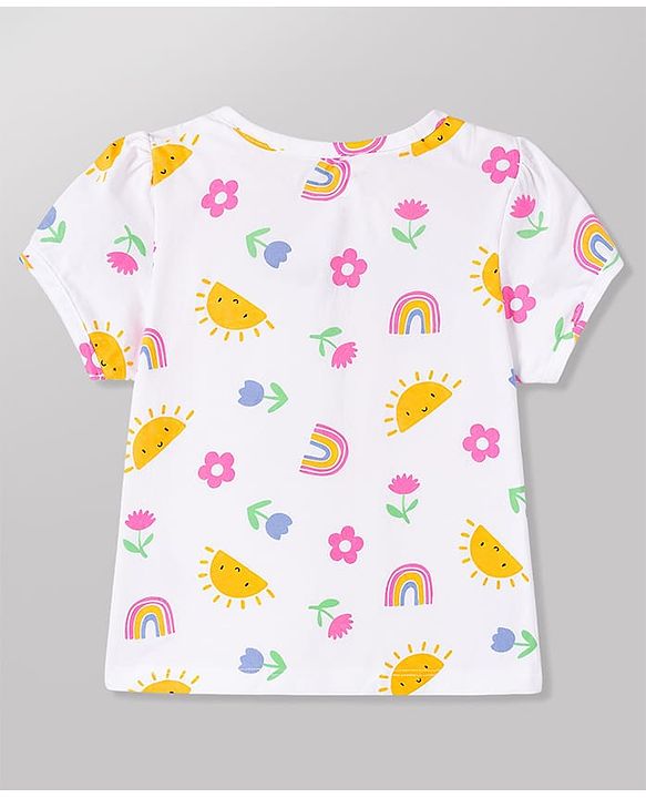 Babyhug 100% Cotton Knit Half Sleeves T-Shirt & Shorts Night Suit With Rainbow & Floral Print - White