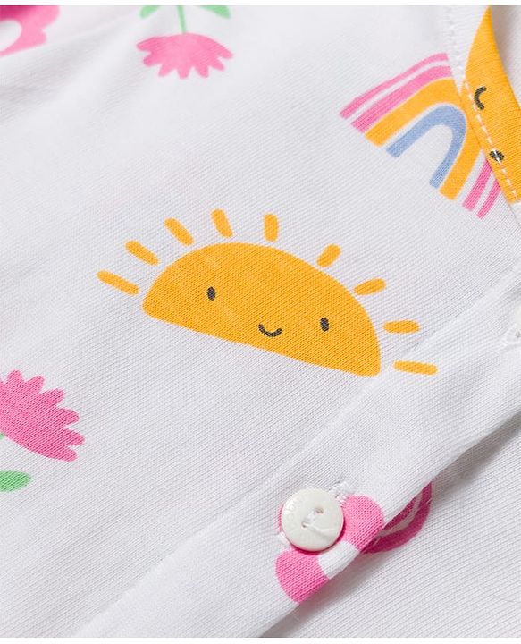 Babyhug 100% Cotton Knit Half Sleeves T-Shirt & Shorts Night Suit With Rainbow & Floral Print - White