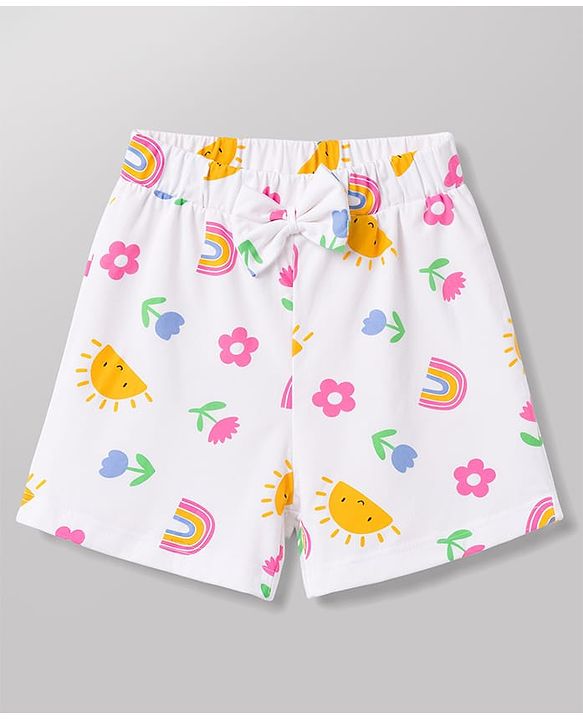 Babyhug 100% Cotton Knit Half Sleeves T-Shirt & Shorts Night Suit With Rainbow & Floral Print - White