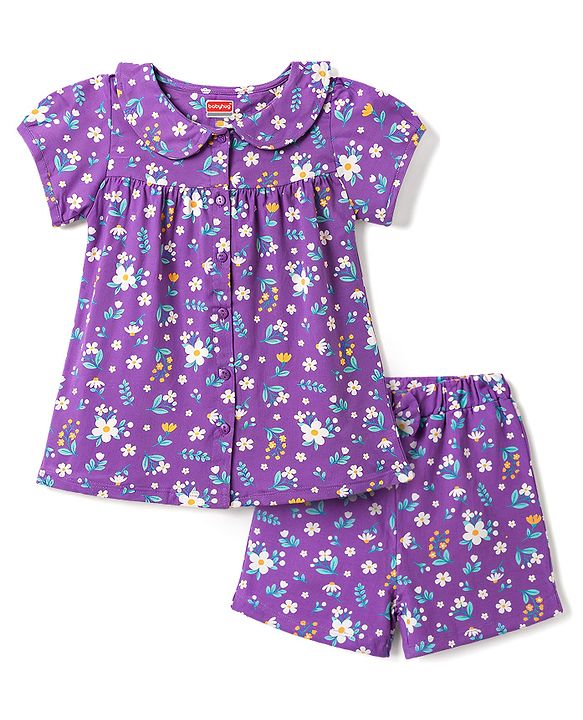 Babyhug 100% Cotton Knit Half Sleeves Peter Pan Collar Co Ord Shirt & Shorts Night Suit Floral Print - Lavender