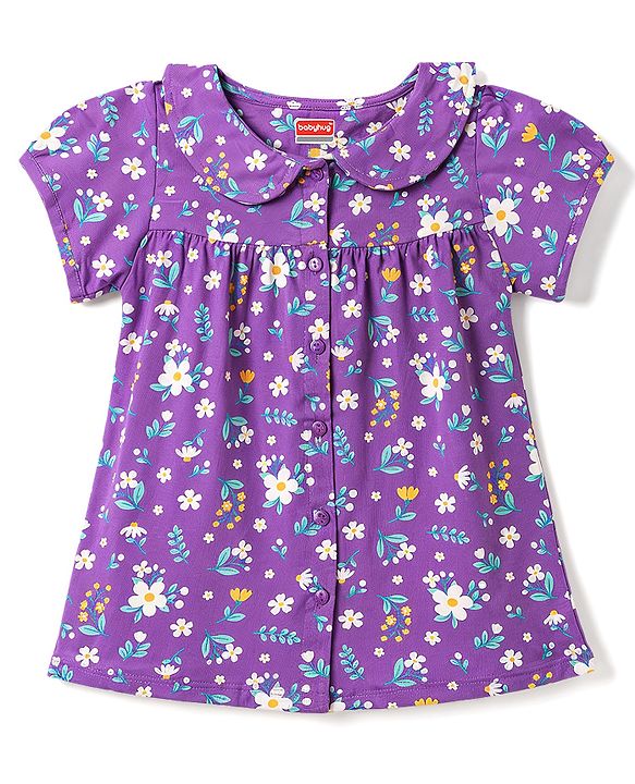 Babyhug 100% Cotton Knit Half Sleeves Peter Pan Collar Co Ord Shirt & Shorts Night Suit Floral Print - Lavender