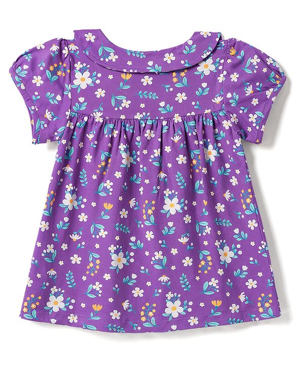 Babyhug 100% Cotton Knit Half Sleeves Peter Pan Collar Co Ord Shirt & Shorts Night Suit Floral Print - Lavender