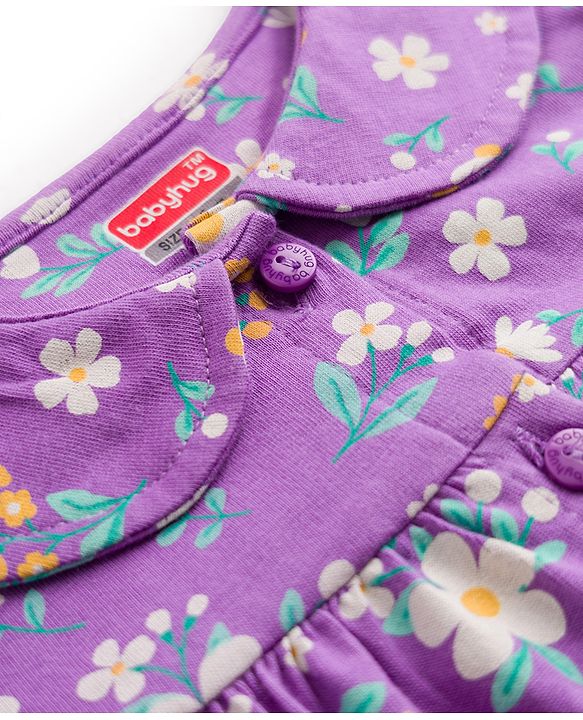 Babyhug 100% Cotton Knit Half Sleeves Peter Pan Collar Co Ord Shirt & Shorts Night Suit Floral Print - Lavender