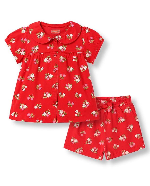 Babyhug Cotton Knit Half Sleeves Peter Pan Collared Top & Shorts Co-Ord Night Suit With Floral Print - Red