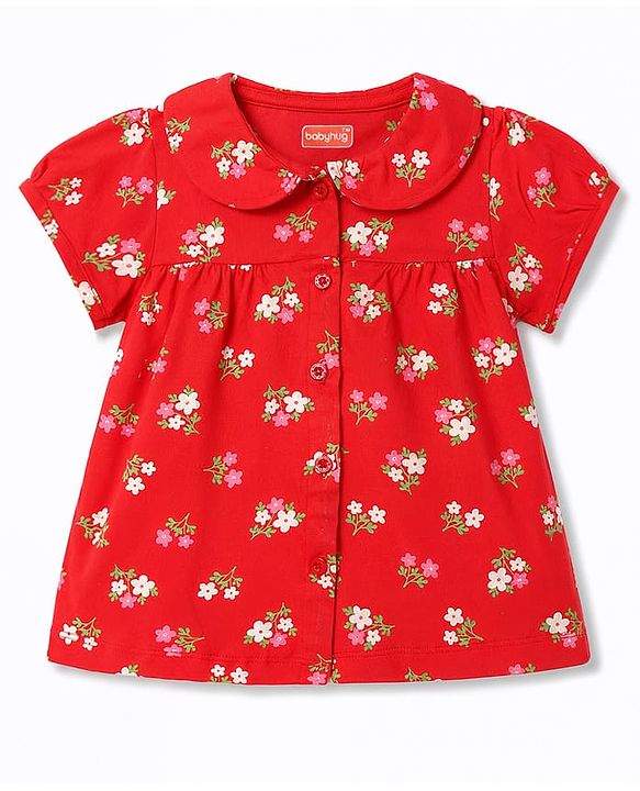 Babyhug Cotton Knit Half Sleeves Peter Pan Collared Top & Shorts Co-Ord Night Suit With Floral Print - Red