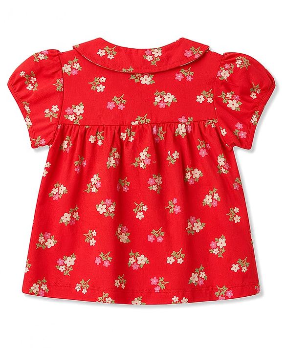 Babyhug Cotton Knit Half Sleeves Peter Pan Collared Top & Shorts Co-Ord Night Suit With Floral Print - Red