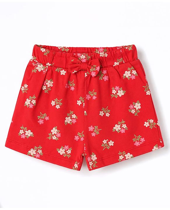 Babyhug Cotton Knit Half Sleeves Peter Pan Collared Top & Shorts Co-Ord Night Suit With Floral Print - Red