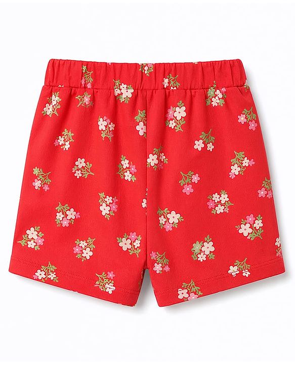 Babyhug Cotton Knit Half Sleeves Peter Pan Collared Top & Shorts Co-Ord Night Suit With Floral Print - Red