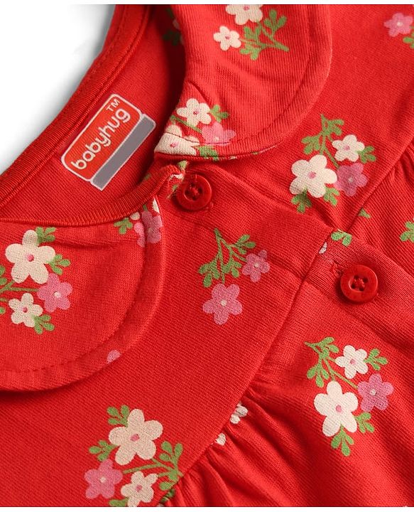 Babyhug Cotton Knit Half Sleeves Peter Pan Collared Top & Shorts Co-Ord Night Suit With Floral Print - Red