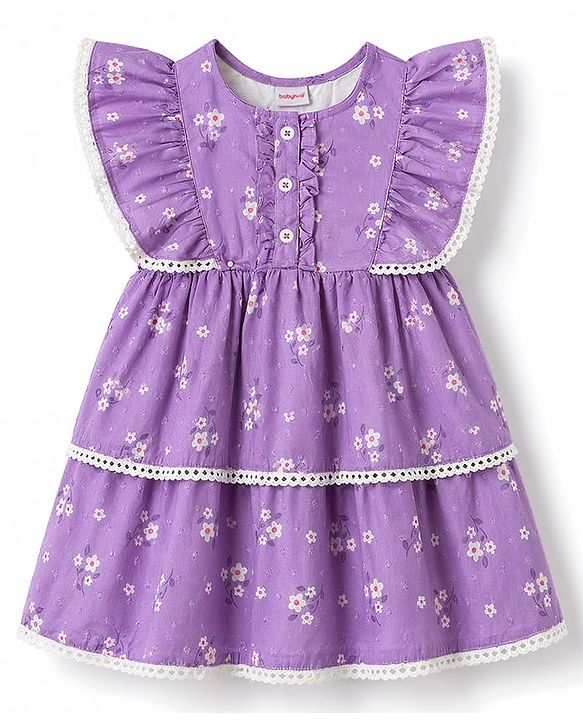 Babyhug 100% Cotton Woven One Piece Dress with Ruffled Sleeves and Floral Print Lavender 12-18 Months