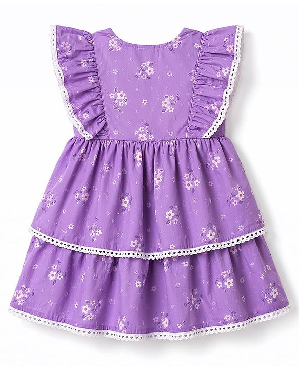Babyhug 100% Cotton Woven One Piece Dress with Ruffled Sleeves and Floral Print Lavender 12-18 Months