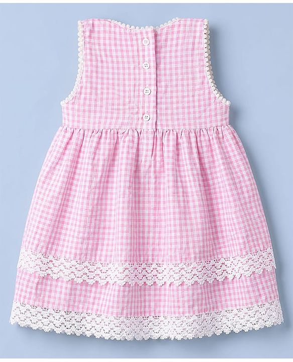 Babyhug Cotton Woven Sleeveless Checks One Piece Frock With Bow Applique & Lace Detailing - Pink