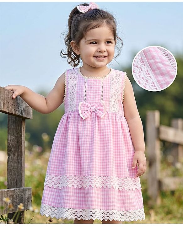 Babyhug Cotton Woven Sleeveless Checks One Piece Frock With Bow Applique & Lace Detailing - Pink