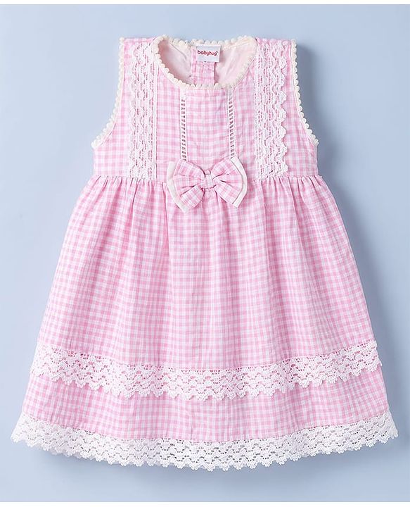 Babyhug Cotton Woven Sleeveless Checks One Piece Frock With Bow Applique & Lace Detailing - Pink
