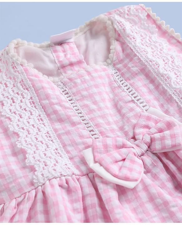 Babyhug Cotton Woven Sleeveless Checks One Piece Frock With Bow Applique & Lace Detailing - Pink