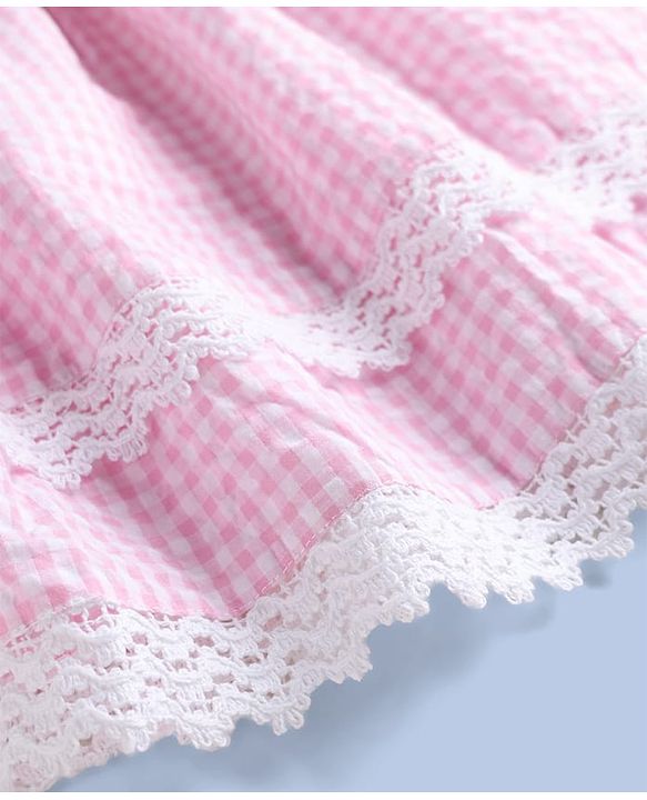Babyhug Cotton Woven Sleeveless Checks One Piece Frock With Bow Applique & Lace Detailing - Pink
