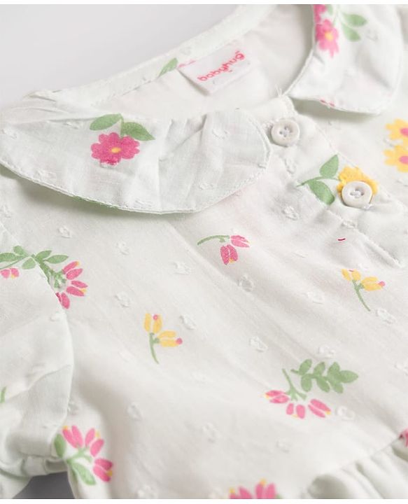 Babyhug Cotton Woven Half Puff Sleeves Floral Printed Frock With Peter Pan Collar - White