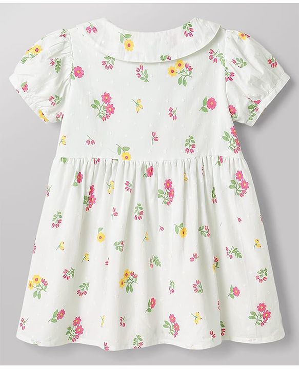 Babyhug Cotton Woven Half Puff Sleeves Floral Printed Frock With Peter Pan Collar - White