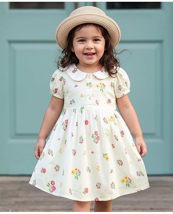 Babyhug Cotton Woven Half Puff Sleeves Floral Printed Frock With Peter Pan Collar - White