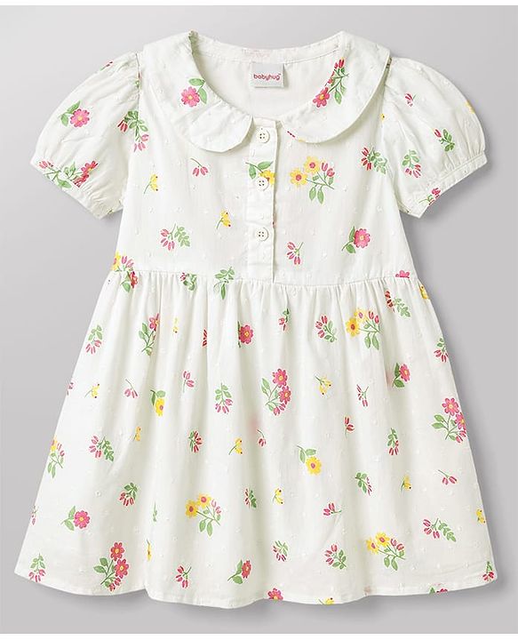 Babyhug Cotton Woven Half Puff Sleeves Floral Printed Frock With Peter Pan Collar - White