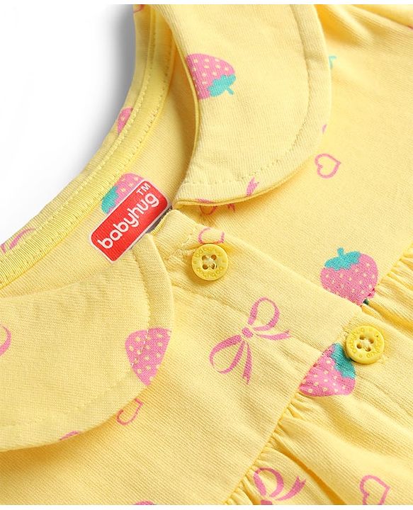 Babyhug Cotton Knit Half Sleeves Front Open Strawberry Printed Co-Ords Top & Shorts Night Suit - Yellow