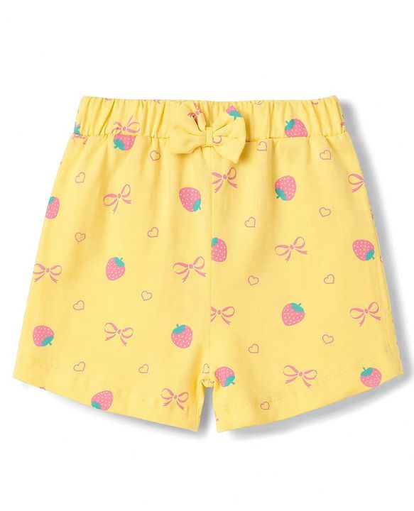 Babyhug Cotton Knit Half Sleeves Front Open Strawberry Printed Co-Ords Top & Shorts Night Suit - Yellow