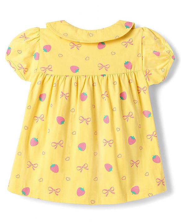 Babyhug Cotton Knit Half Sleeves Front Open Strawberry Printed Co-Ords Top & Shorts Night Suit - Yellow