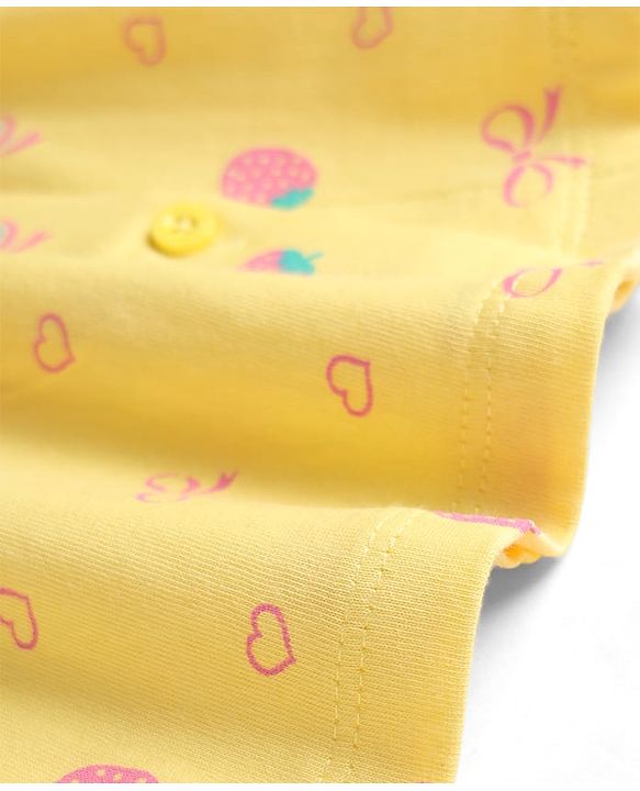 Babyhug Cotton Knit Half Sleeves Front Open Strawberry Printed Co-Ords Top & Shorts Night Suit - Yellow