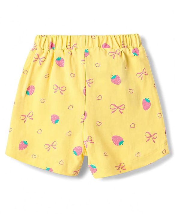 Babyhug Cotton Knit Half Sleeves Front Open Strawberry Printed Co-Ords Top & Shorts Night Suit - Yellow