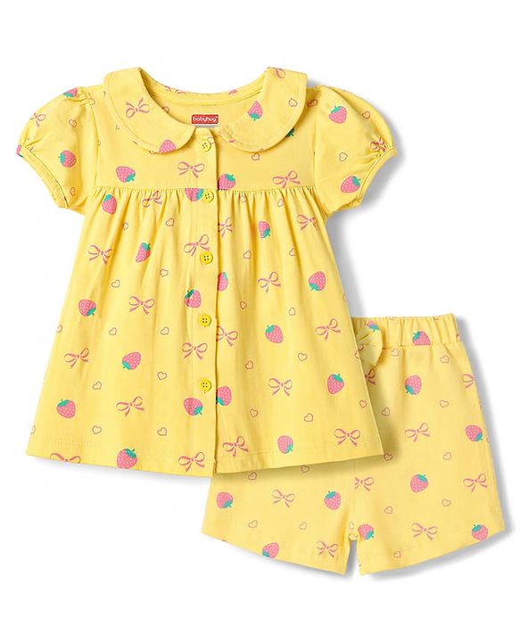 Babyhug Cotton Knit Half Sleeves Front Open Strawberry Printed Co-Ords Top & Shorts Night Suit - Yellow