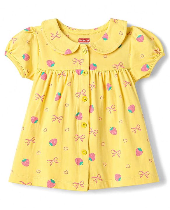 Babyhug Cotton Knit Half Sleeves Front Open Strawberry Printed Co-Ords Top & Shorts Night Suit - Yellow
