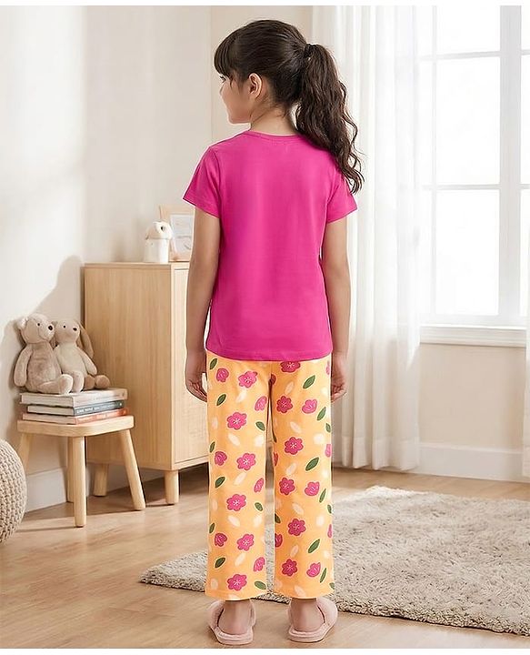 Pine Kids Cotton Knit Half Sleeves T-Shirt & Pyjama Night Suit With Floral Print - Fuchsia