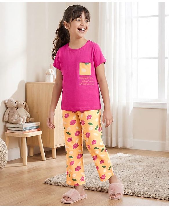 Pine Kids Cotton Knit Half Sleeves T-Shirt & Pyjama Night Suit With Floral Print - Fuchsia