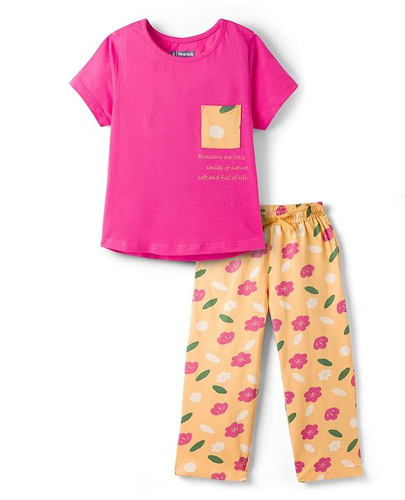 Pine Kids Cotton Knit Half Sleeves T-Shirt & Pyjama Night Suit With Floral Print - Fuchsia