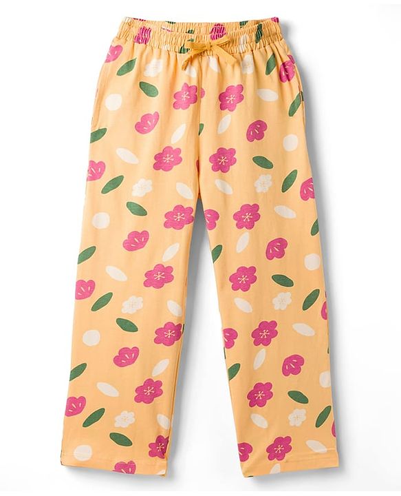 Pine Kids Cotton Knit Half Sleeves T-Shirt & Pyjama Night Suit With Floral Print - Fuchsia