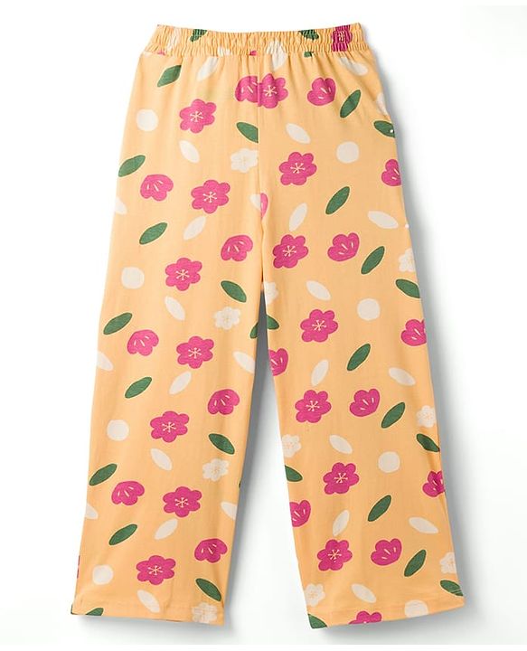 Pine Kids Cotton Knit Half Sleeves T-Shirt & Pyjama Night Suit With Floral Print - Fuchsia