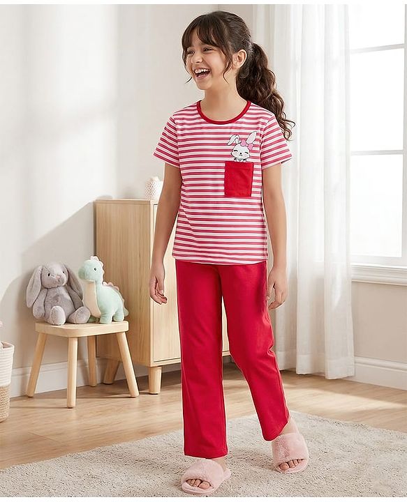 Pine Kids Cotton Knit Half Sleeves Top & Pyjama Night Suit with Bunny Print - White