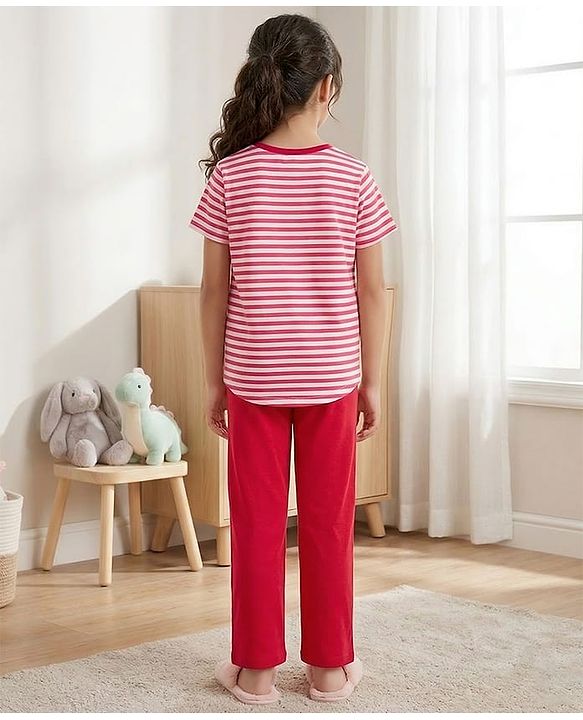 Pine Kids Cotton Knit Half Sleeves Top & Pyjama Night Suit with Bunny Print - White