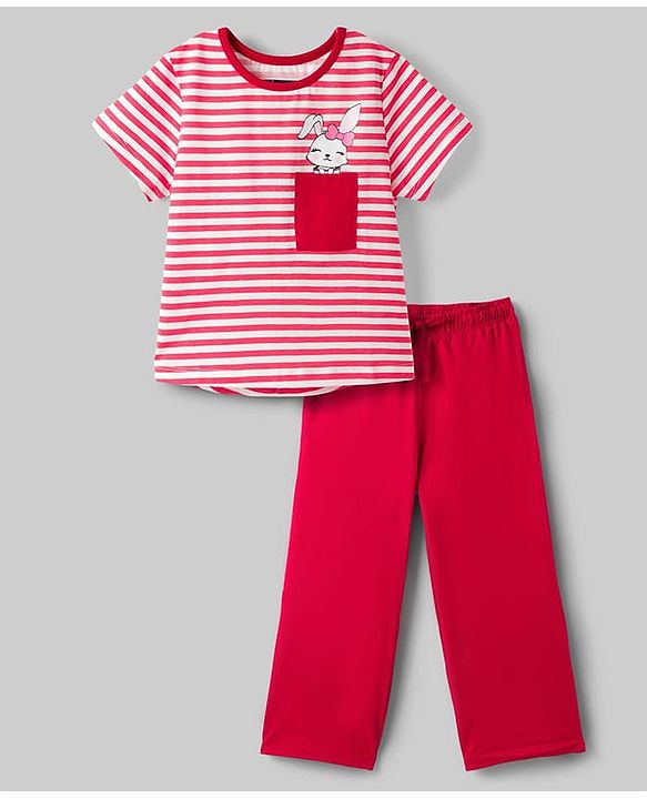 Pine Kids Cotton Knit Half Sleeves Top & Pyjama Night Suit with Bunny Print - White