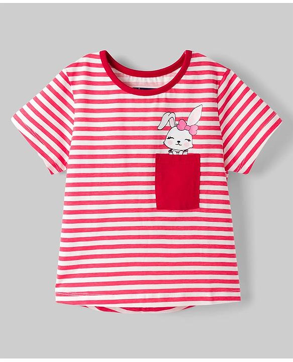 Pine Kids Cotton Knit Half Sleeves Top & Pyjama Night Suit with Bunny Print - White