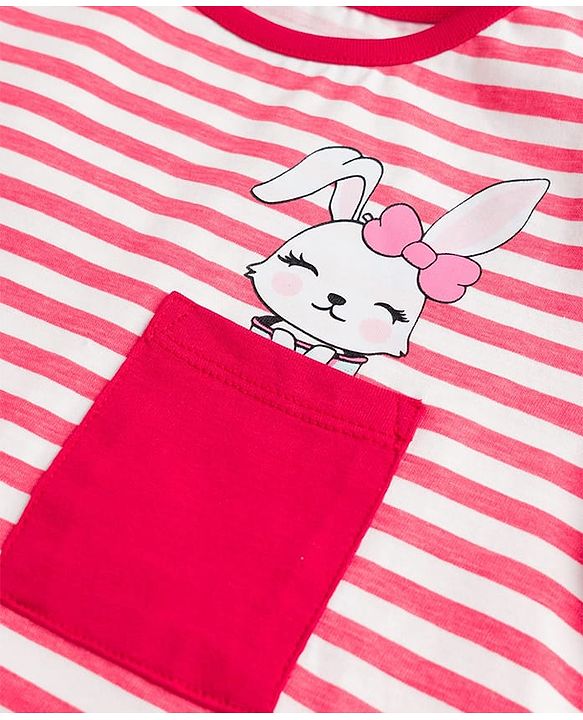 Pine Kids Cotton Knit Half Sleeves Top & Pyjama Night Suit with Bunny Print - White