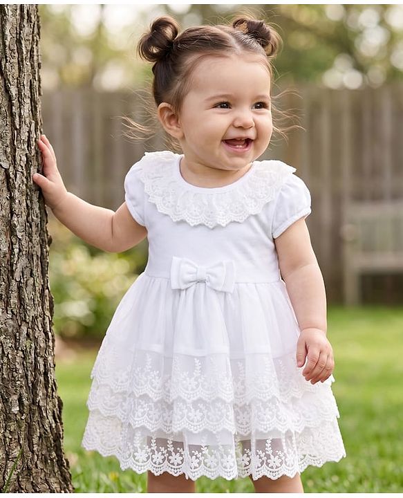 Babyhug Mesh Woven Sleeveless Frock Style Party Onesie with Floral Lace Detailing & Bow Applique - White