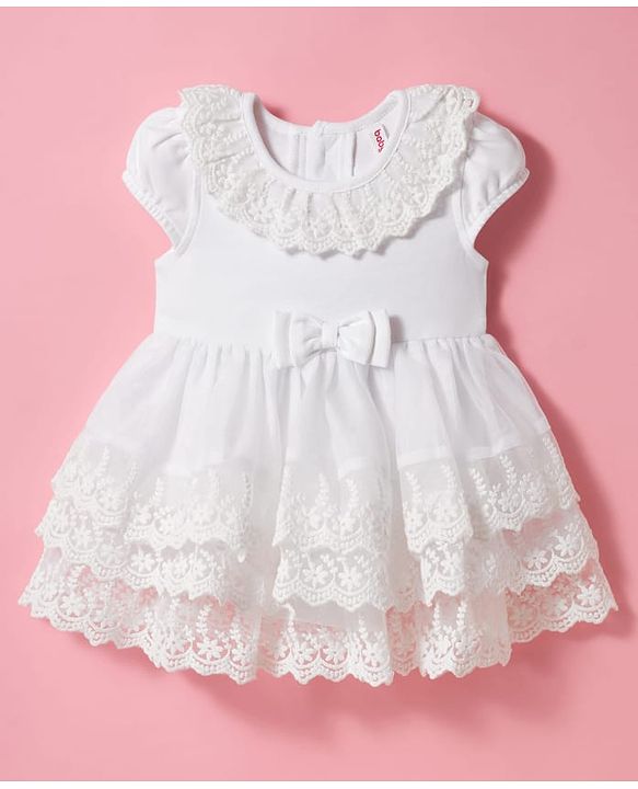 Babyhug Mesh Woven Sleeveless Frock Style Party Onesie with Floral Lace Detailing & Bow Applique - White