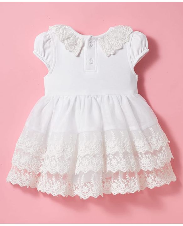 Babyhug Mesh Woven Sleeveless Frock Style Party Onesie with Floral Lace Detailing & Bow Applique - White