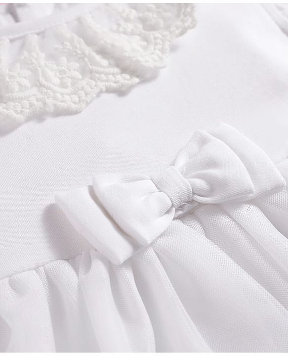 Babyhug Mesh Woven Sleeveless Frock Style Party Onesie with Floral Lace Detailing & Bow Applique - White